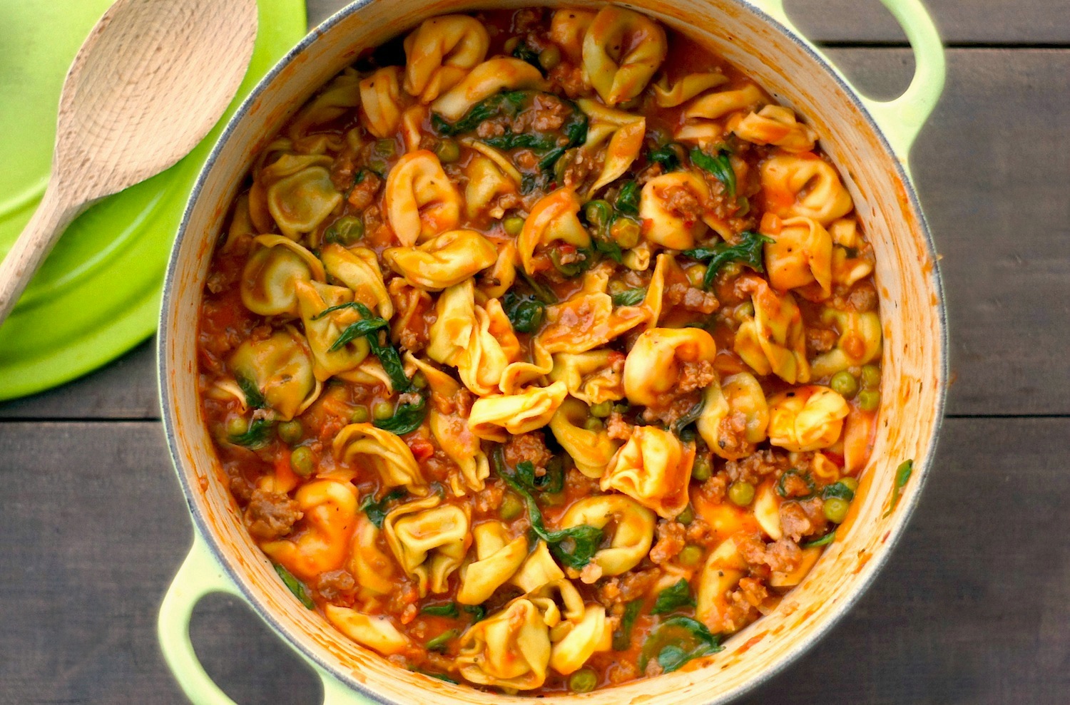 One-Pot Tortellini with Sausage, Spinach + Peas