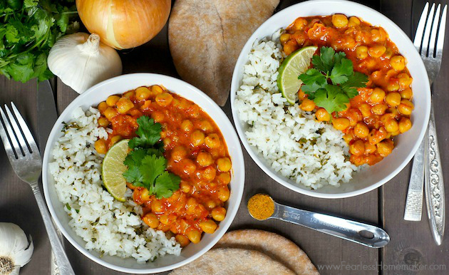 Slow-Cooker Chickpea Coconut Curry: A delicious, simple, flavorful meatless meal -- vegetarian, vegan, + gluten-free! | www.FearlessHomemaker.com