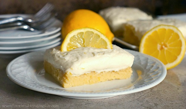 Lemon Sugar Cookie Bars with Lemon Cream Cheese Frosting - a delicious, bright, citrusy springtime treat! | www.FearlessHomemaker.com