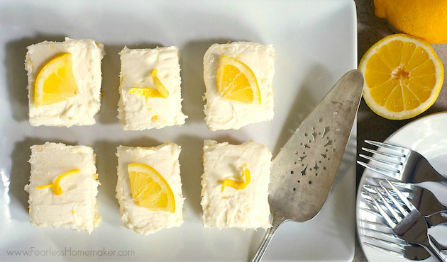 Lemon Sugar Cookie Bars with Lemon Cream Cheese Frosting - a delicious, bright, citrusy springtime treat! | www.FearlessHomemaker.com