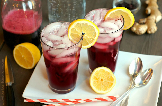 Hibiscus-Ginger Soda: A simple-to-make, citrusy summertime drink. SO refreshing, and perfectly pretty for parties! www.FearlessHomemaker.com