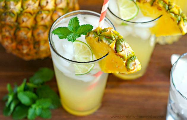 Pineapple, Coconut, + Lime Spritzer: A bright, refreshing, delicious summertime beverage! Perfect as-is, or awesome jazzed up with a splash of rum. www.FearlessHomemaker.com
