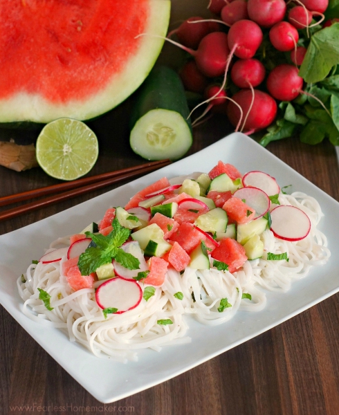 Watermelon-Cucumber Rice Noodle Salad (with Coconut-Lime Dressing) - www.FearlessHomemaker.com