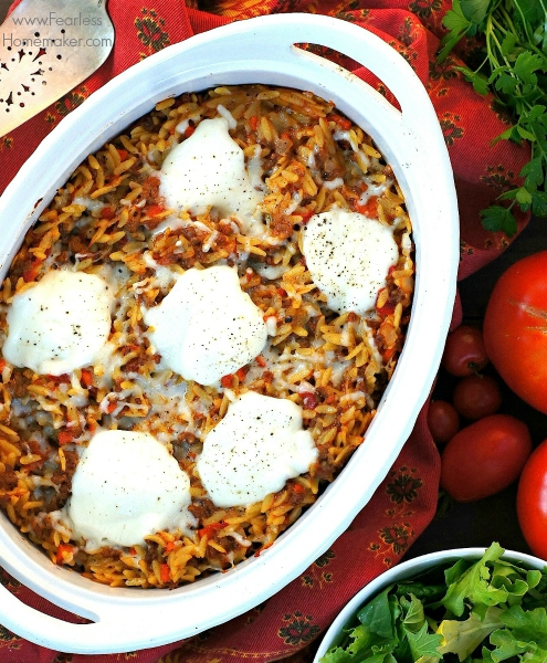 Cheesy Orzo, Beef, + Tomato Casserole | www.FearlessHomemaker.com