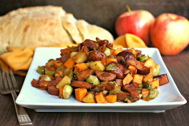 Chicken Sausage Skillet with Sweet Potatoes, Brussels Sprouts, + Apples | www.FearlessHomemaker.com