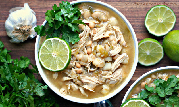 Slow-Cooker Chicken, White Bean, + Hominy Chili | www.FearlessHomemaker.com